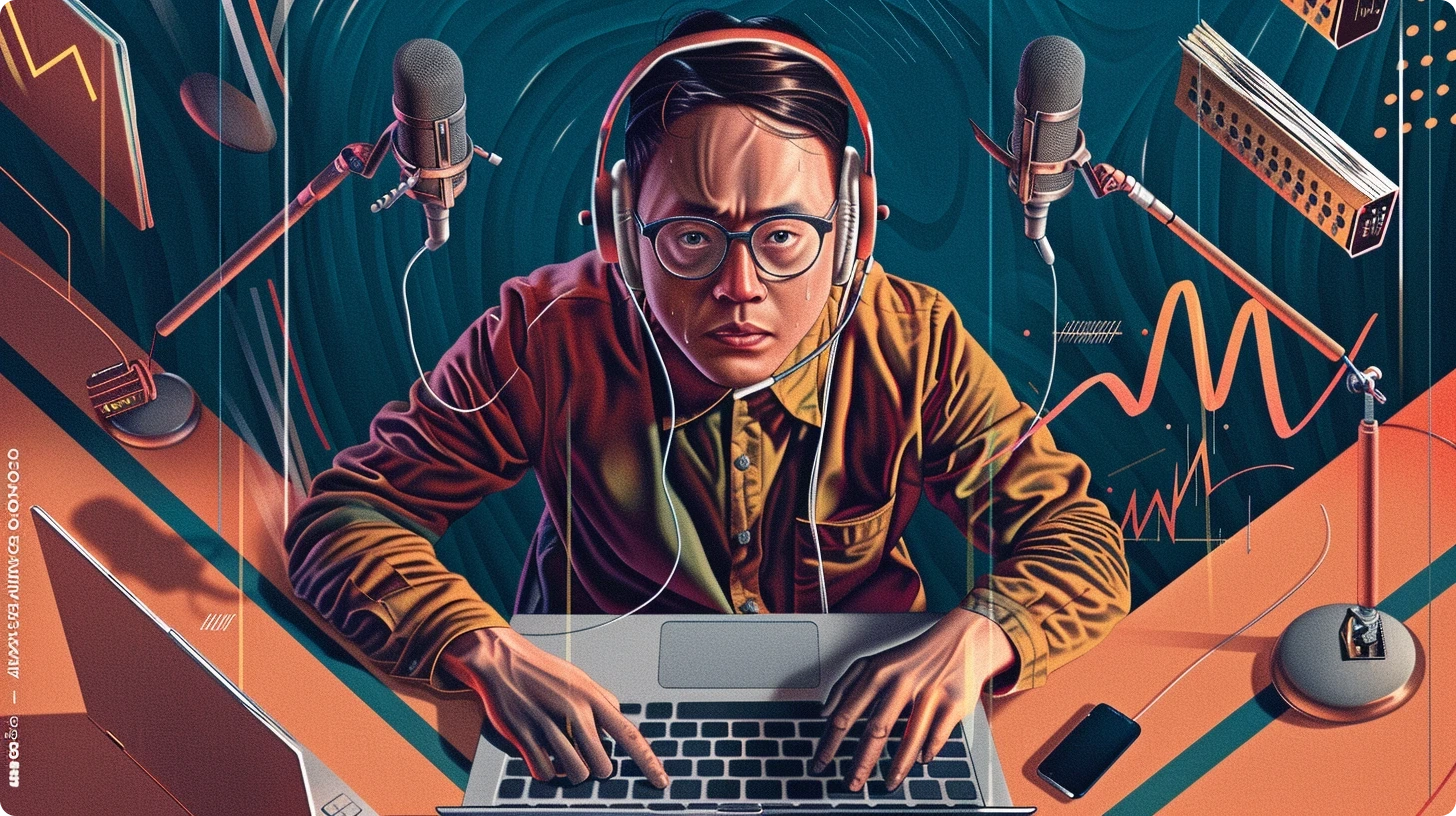 An AI generated image of a man struggling to transcribe. The picture depicts to use audio transcription software to help him transcribe faster without sacrificing quality.