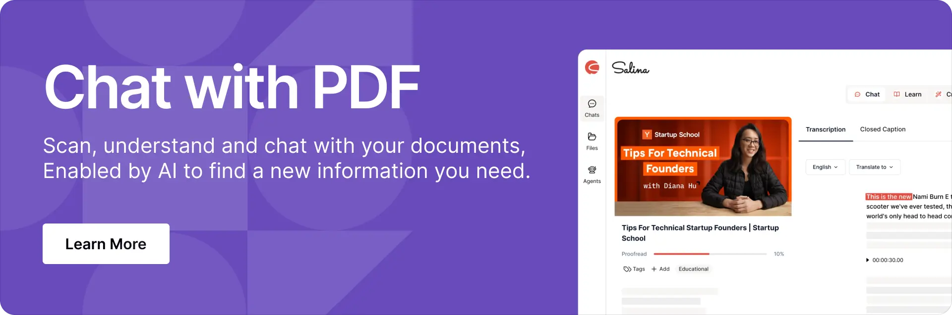 Salina's Chat with PDF feature that allows user to chat with their document and generate summaries.