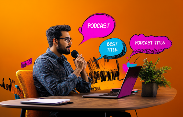 A podcaster sharing tips for success, seated with a glowing orange mic; a blue globe with cultural icons orbits, promoting global storytelling