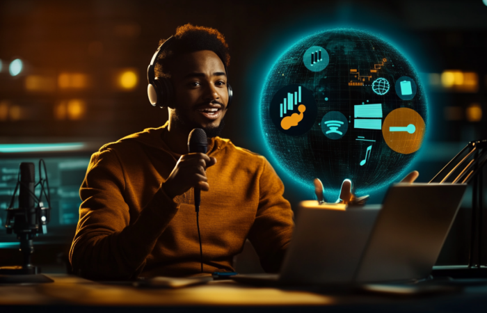 A podcaster seated with a glowing microphone, sharing tips on crafting podcast titles; background shows analytics, engagement, and growth icons in orange tones.